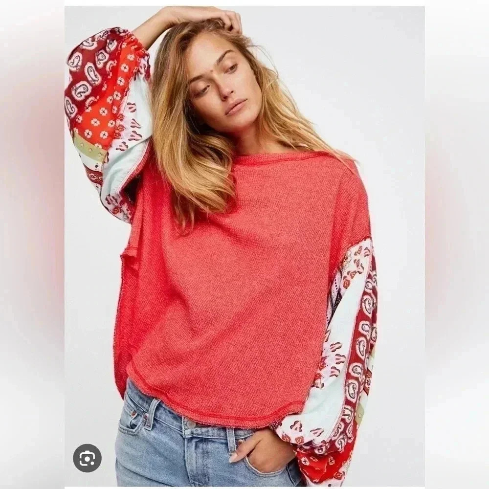 We the Free Blossom Thermal Top Balloon parsley print‎ Sleeves Bohemian Sz XS